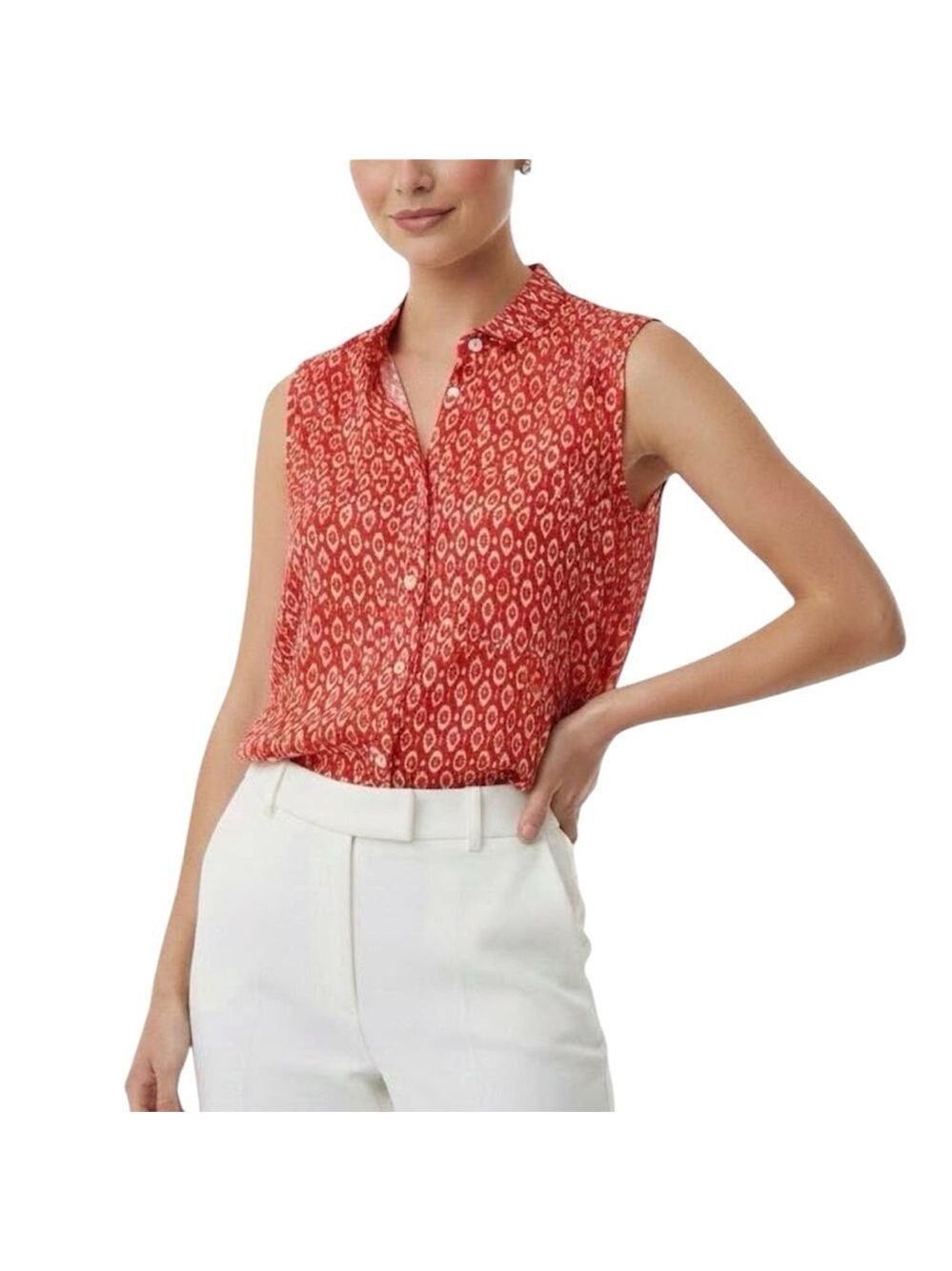 J Jill Button Front Sleeveless Collared Tunic Top Rayon Geometric Red Orange, M